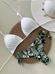 Printed Triangle Bikini With Double String Panties – Various Prints | S To XL - White Top / Green Panties - View 2
