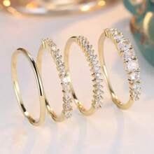 4 Stücke/Set 14-Karat vergoldete Kupferringe, mit kubischem Zirkonia verziert, versprochene einfache, elegante, modische und glänzende Verlobungs-/Eheringe. Geeignet als Partyschmuck und Schmuckgeschenk für besondere Anlässe. Stapelbare Ringe/Cocktailparty-Ringe. - Gold - Übersicht 2