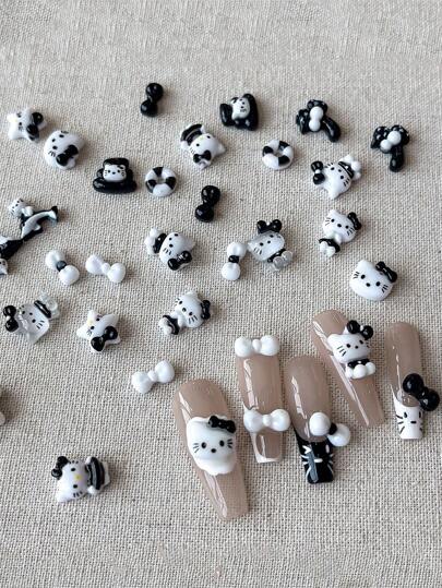 Sanrio 50pcs Various Cartoon Sanrio Hello Kitty Nail Accessories, 3D Three-Dimensional Resin Black And White KT Cat Bow Nail Decorations, Suitable For DIY Nail Care, Mobile Phone Case And Hairpin.