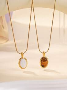 1pc Stainless Steel Oval Pendant Necklace, Inlaid With Tiger's Eye & White Gems, Color Selection Available, Suitable For Women's Daily Decoration Or Gifting