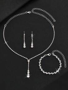 1 Set Minimalist Flower Crystal Decor Adjustable Choker Necklace + 1 Pair High-End Pendant Earrings + 1 Geometric Crystal Bridal Necklace - Fashion Elegant Bridal Jewelry Set For Daily, Ball, Banquet, Party, Wedding, Photography - Gold - View 11