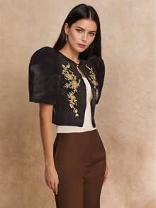 Butterfly Sleeve Philippine Style Women's Elegant Petal Sleeve Sequin Pattern Short Sleeve Blouse - Black - View 5