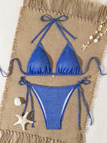 wohenmeili 闪亮蓝色细肩带比基尼套装，性感露背系带丁字裤泳装，适合度假海滩夏季穿着 - 寶藍色 - 查看 1