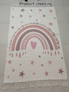 1 件波西米亚彩虹印花流苏编织地毯，可机洗，浅粉色和米色条纹，饰有星星和爱心图案，适用于客厅、卧室、衣橱、浴室、书房，是送给女孩的毕业礼物、家居装饰地毯和家庭礼物的理想之选。 - 彩色 - 查看 8