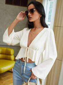 Blusa Feminina Peplum Com Babado Nas Mangas Amarração Frontal Duna Moda Elegançia Comforto