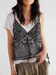 Women's Y2K Rivet Tank Tops Stylish Sequin Side Tie Sheer V Neck Crop Tops Spaghetti Straps Camisoles For Summer Streetwear Aesthetic Tops Vintage Fairy Grunge Punk Clothes - 黑色 - 查看 4