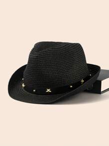 1pc Star Patchwork Bohemian Leather Strap Decorative UV Protection Woven Straw Panama Hat, Western Cowboy Sun Hat, Fashionable All-Match For Men And Women, All Seasons