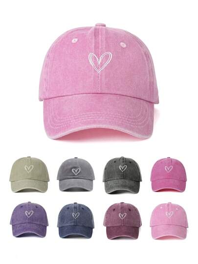 1pc Women's Embroidered Heart Washed Baseball Cap, Adjustable Outdoor Sun Protection Casual Hat Suitable For Spring, Autumn, Travel, Beach, Vacation. Y2K Style Unisex Sun Hat