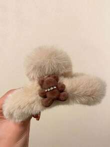 新款可爱植绒小熊毛绒发夹，优雅头饰女士发饰，秋冬发爪发夹发夹发颚夹发夹发夹，休闲秋季发饰女士度假装扮