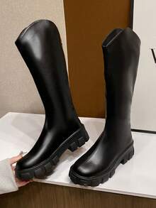 V-Cut Non-Knee High Black Boots For Women, 2025 Autumn/Winter New Round Toe Thick Sole Back Zipper Increased Height Fashion Boots - Black - View 4