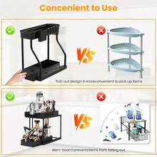 Multi-Purpose Under Sink Organizers And Storage, 2025 R-Shaped Pull Out Cabinet Organizer For Bathroom & Kitchen, Under Cabinet Organizer With Hooks Hanging Cup Back To School - Black - View 3
