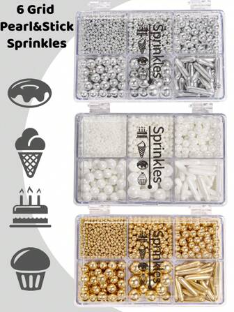 Mélange de paillettes de sucre - Or vif, Argent vif, Blanc - 115 g de perles de bonbon comestibles avec un stylo à saupoudrer à 4 griffes, emballage en boîte-cadeau, décorations de gâteau de cuisson, garnitures de crème glacée et décoration de biscuits, fournitures pour mariages et fêtes de Noël