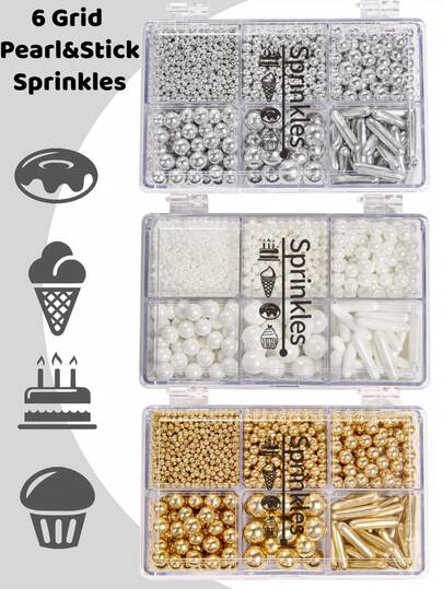 Tamaño mixto para decoración de pasteles Perlas de oro brillante, plata brillante, blanco - Perlas falsas redondas con clip de pluma de 4 garras, 115g/4.05 Oz, empaque de caja de regalo, decoraciones para hornear, suministros para fiestas de boda y Navidad, solo para decoración. No comestible.