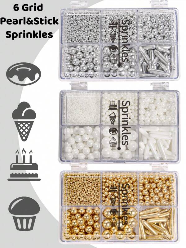 Mélange de paillettes de sucre - Or vif, Argent vif, Blanc - 115g Perles de bonbons comestibles avec un stylo à paillettes à 4 griffes, pack boîte cadeau, décorations de gâteau de cuisson, garnitures de crème glacée et décoration de biscuits, fournitures pour mariage, fête de Noël