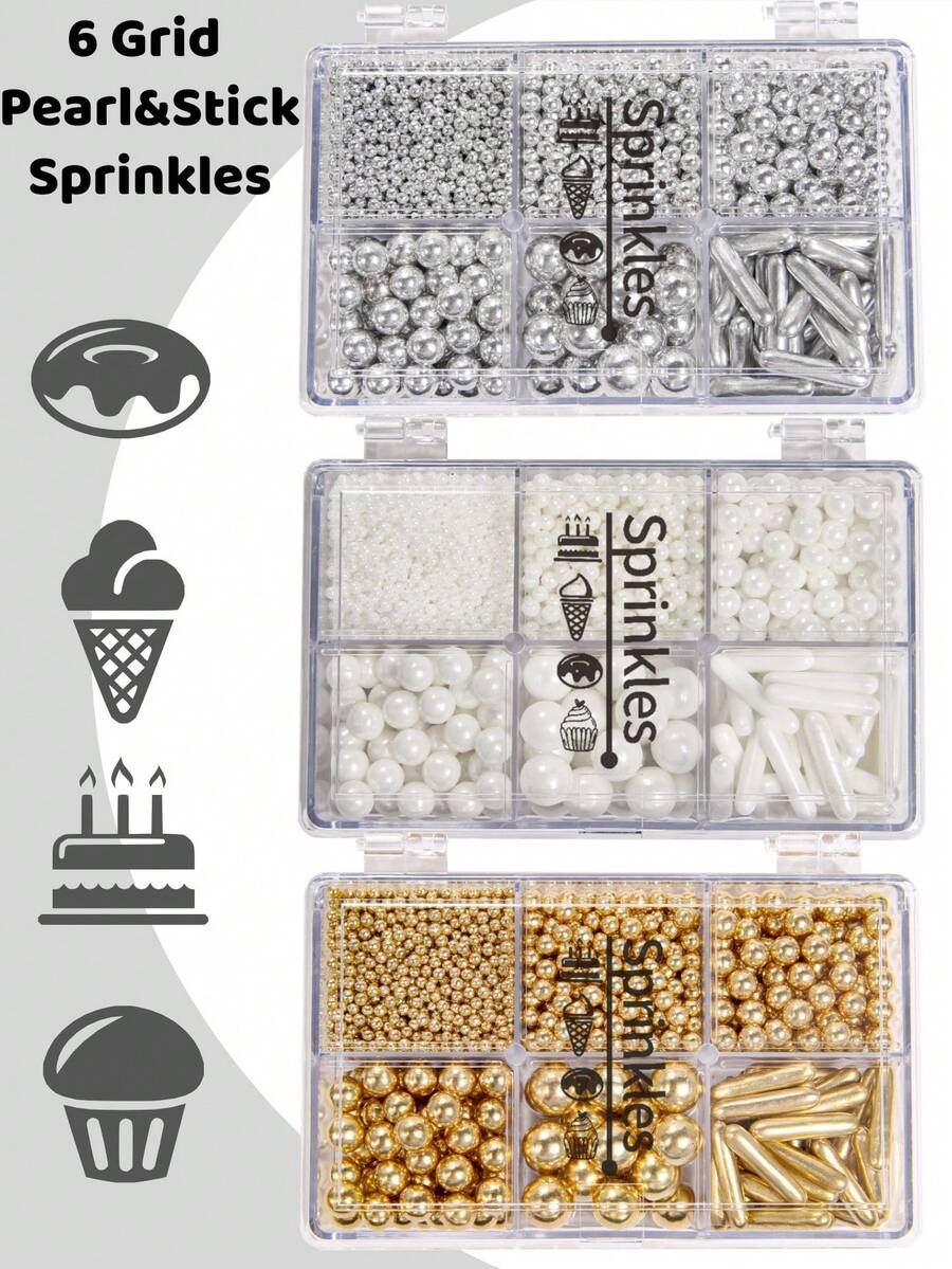 Mixed Size For Cake Decorating Pearl-Bright Gold, Bright Silver, White -Round Faux Pearl Pearls With 4-Claw Pen Clip,115g/4.05 Oz, Gift Box Pack, Baking Decorations, Wedding Party Chirstmas Supplies,For Decoration Only. Not Edible - Multicolor - View 1