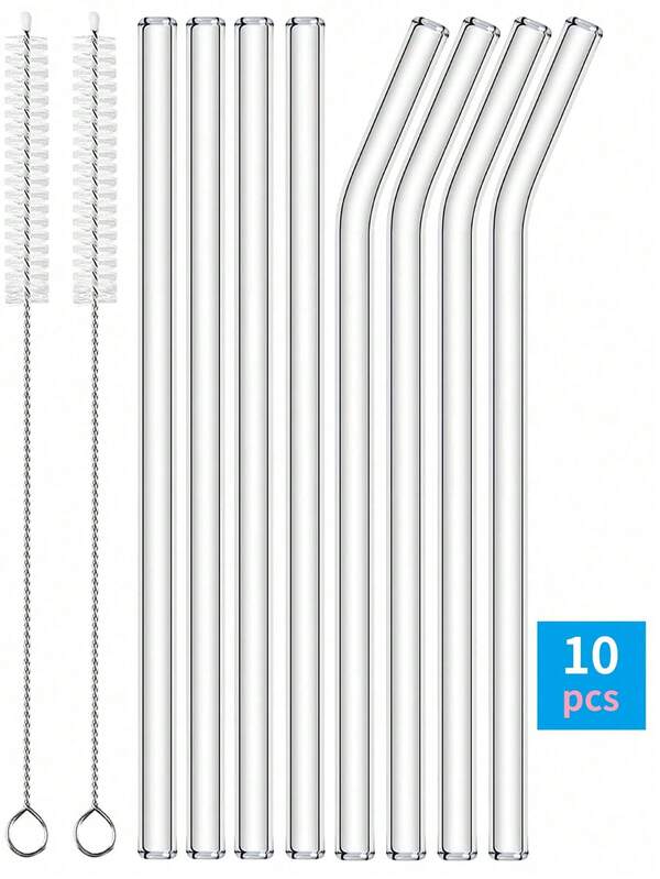 8pcs Reusable Glass Straws Set With 2 Straw Cleaners - Straight & Bent Heat-Resistant Straws For Smoothies, Boba, Cocktails, Iced Coffee - Home Kitchen, Party Supplies, Restaurant Drinkware ( + Case)