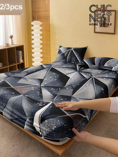 2/3pcs Marble Geometric Bohemian Bedding Set (1pc Fitted Sheet + 1/2pcs Pillowcase), Mattress Protector, Bed Sheet Set, Soft & Breathable, Fits Twin, Full, Queen, King Size Beds - Fitted Sheet Depth Up To 11.8 Inches, Home Textile