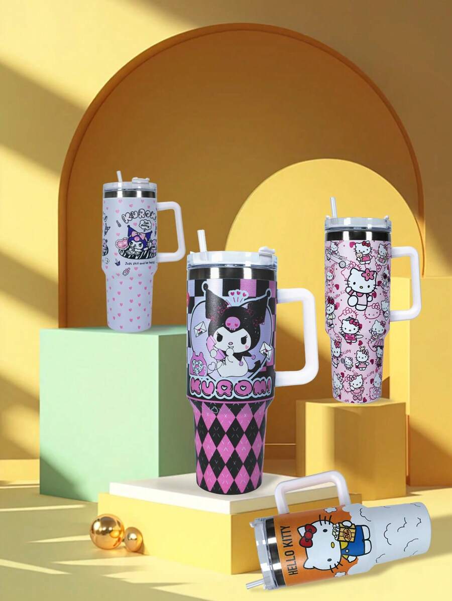 Sanrio زجاجة مياه معزولة بفراغ مع قش وملحقات سيليكون من Hello Kitty من Sanrio سعة 40 أونصة/12 ساعة، مصنوعة من الفولاذ المقاوم للصدأ 304، تصميم كرتوني جميل، عازلة الجدار، مثالية للمكتب والخارج والتخييم والتنزه والقيادة والسفر، هدية مثالية للأصدقاء والعائلة والمعلمين