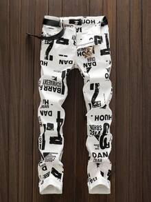 Men's Street Casual And Fashionable Versatile Letter Printed Straight Leg Slim Fit Pants - trắng - Xem 1