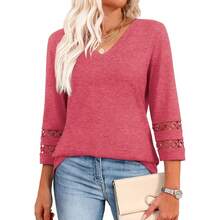 XIEERDUO 3/4 Length Sleeve Womens Tops Dressy Casual Blouses For Women 2025  V Neck T Shirts Summer Clothes - 珊瑚粉 - 查看 1