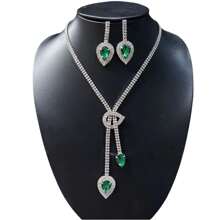 Conjunto de brincos e colar com pingente de lágrima de diamante, acessório formal para vestido de noiva com borla de cristal