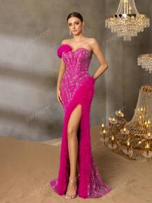 Faeriesty Faeriesty Luxury One-Shoulder Evening Gown With Back-Tie Closure & High Slit – Beaded Mermaid Dress Featuring Feather-Like Detailing And Textured Fish-Tail Hemline For Red Carpet Glamour | Perfect For Black-Tie Galas, Formal Charity Dinners, Exclusive Award Ceremonies, Opera Nights, And Premiere Events