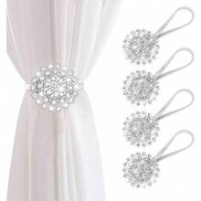 Local Delivery Magnetic Curtain Tiebacks, 4 Pack Magnetic Crystal Decorative Drapes Curtain Clips Buckle, Flower Curtain Tie Back, European And American Style (Gold) - Crystal Silver - View 1