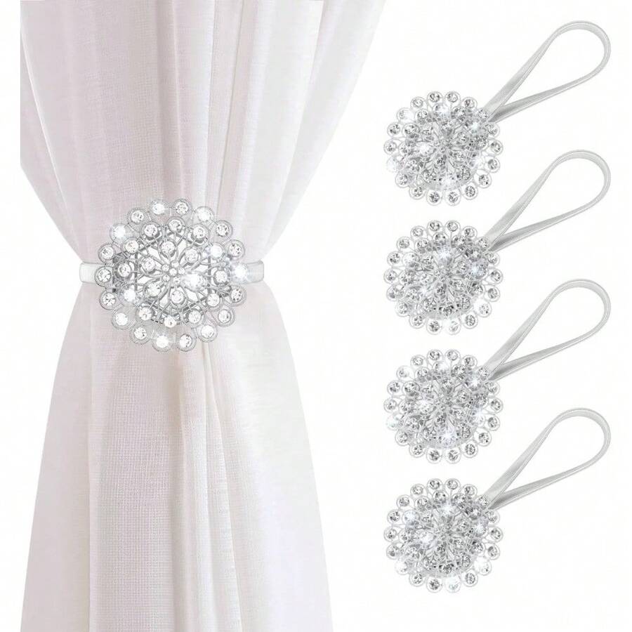 Local Delivery Magnetic Curtain Tiebacks, 4 Pack Magnetic Crystal Decorative Drapes Curtain Clips Buckle, Flower Curtain Tie Back, European And American Style (Gold) - Crystal Silver - View 1