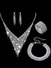 新娘全套水钻项链和耳环套装，夸张优雅简约项链，百搭正装 - 銀白色 - 查看 6