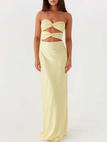 Women Cutout Tube Long Dress Strapless Bodycon Maxi Dress Bandeau Backless Dresses Summer Holiday Beachwear - 黃色 - 查看 1