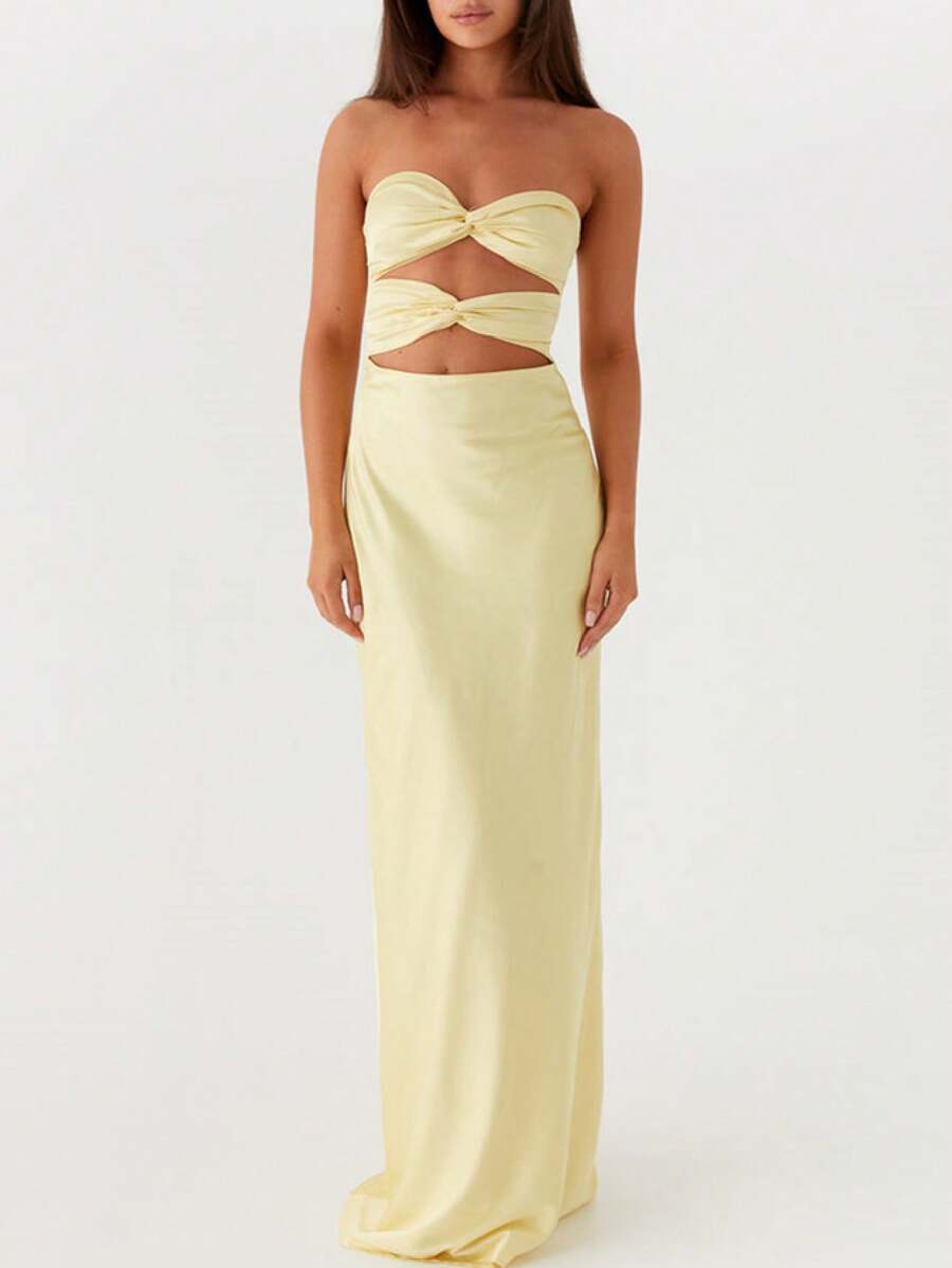 Women Cutout Tube Long Dress Strapless Bodycon Maxi Dress Bandeau Backless Dresses Summer Holiday Beachwear - 黃色 - 查看 1