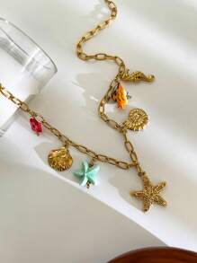 1pc Luxurious Design Minimalist Ocean Theme Glass Ceramic Stainless Steel Sea Star, Seahorse, Shell Multi-Pendant Necklace, Women Jewelry