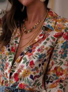 Camisa casual solta, de manga longa, com estampa floral elegante, de temperamento de férias, para mulheres plus size