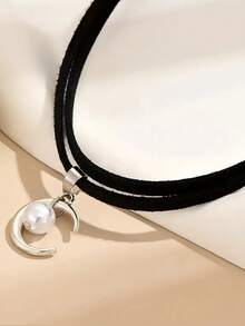 1pc Women's Double Layer Moon Pendant Necklace, Unique Design Fashion Choker Collar Necklace - Black Double Moon - View 3