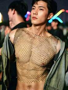 1 件闪亮水钻性感渔网短款上衣 - 网眼镂空背心，适合派对、舞会、海滩遮盖、俱乐部和休闲装、透明胸衣衬衫、双面、耐用、夜总会装