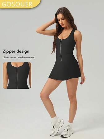 GOSOUER 女式银色拉链工字背心带罩杯运动瑜伽网球裙内置短款健身通勤舒适运动裙