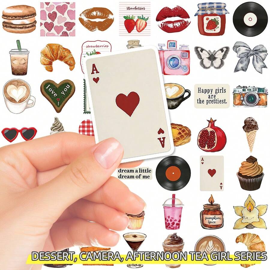 50 piezas Nuevos adhesivos decorativos con letras de "Foodie Girl", graffiti, cámara casual, postres, té de la tarde, patrón de lazo para iPad, equipaje, cuaderno, funda de teléfono DIY pegatinas papelería manualidades libro de sticker estikers - Multicolor - Ver 1