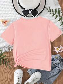 女童卡通珍珠奶茶刺猬印花圆领短袖T恤，春夏休闲童装 - 粉色 - 查看 3