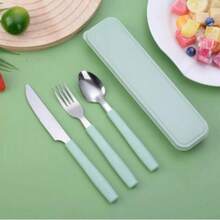 Set Of 3 Cutlery 1 Stainless Steel Case Fork Knife Spoon Lunch Box - Green - View 2