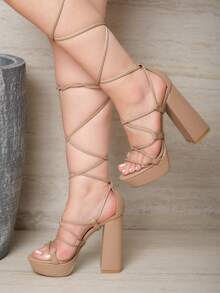 SANDALIA MAQUILLAJE DE TACÓN CAMPANA CON PLATAFORMA Y TIRAS - Beis - Ver 3