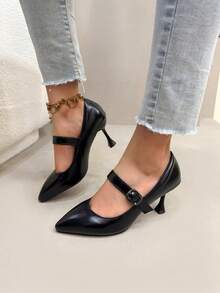 Plus Size Women's Solid Color High Heel Shoes With Buckle, Fashionable Pointed Toe Work Shoes, All Season - Black - View 5