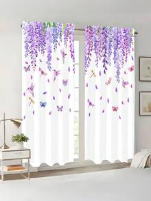 2 件人造丝 3D 数码印花紫藤、蜂鸟、蝴蝶薄纱窗帘，适用于办公室、家居、客厅、卧室，非常适合情人节和日常使用