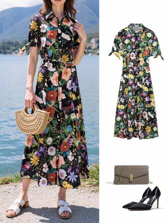 休闲时尚百搭女式连衣裙，法式浪漫复古乡村/度假风格花卉印花腰部修身短袖衬衫裙，春夏