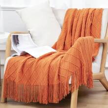 1pc Solid Color Knitted Blanket, Nordic Style Tassel Design Soft Blanket, Suitable For Office Nap, Bed, Sofa, Daily Use
