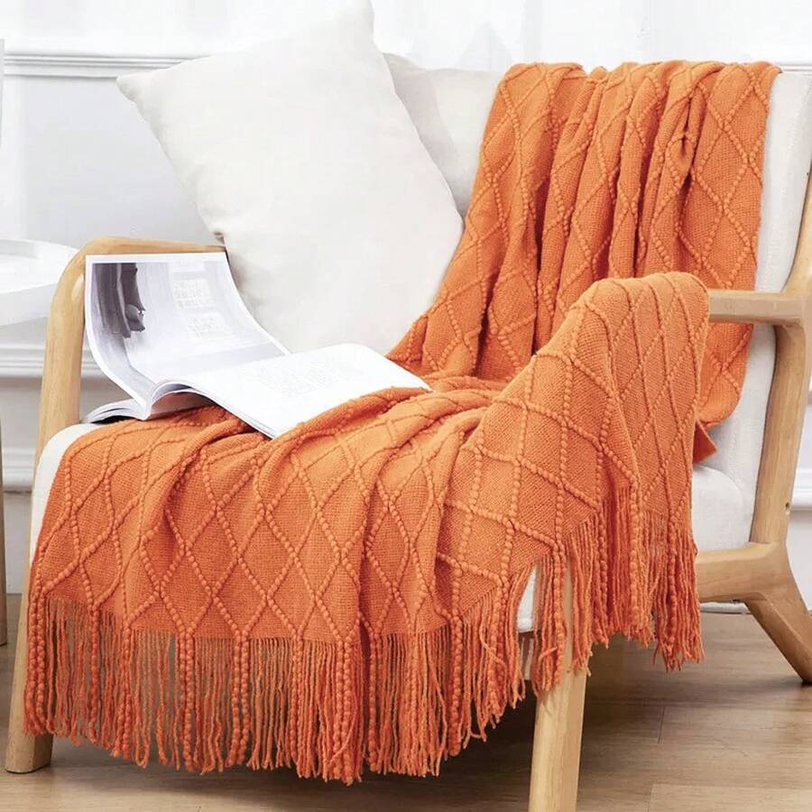 1pc Solid Color Knitted Blanket, Nordic Style Tassel Design Soft Blanket, Suitable For Office Nap, Bed, Sofa, Daily Use - Caramel - View 1
