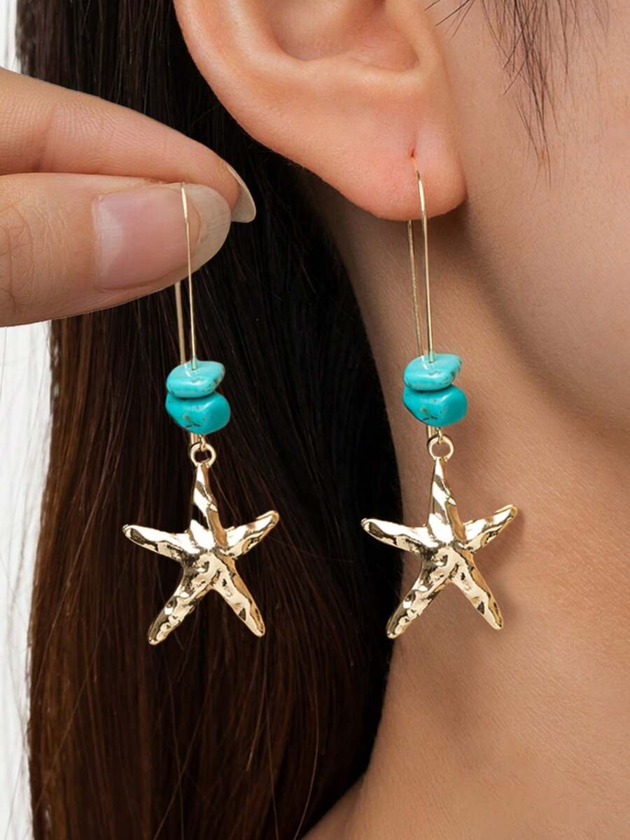 1 Pair Boho Beachside Alloy Starfish & Turquoise Dangle Earrings For Women