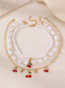 Set de 3 collares con colgantes de cerezas y corazones de perlas falsas para mujeres, adecuados para diario, fiesta, vacaciones
