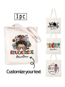 1pc Customized Name Canvas Tote Bag, Can Customize Name Or Text, Large Capacity Canvas Handbag Shoulder Bag, Personalized Tote Bag, Foldable, Large Capacity Or Lightweight, Canvas Shopping Bag, Student Handbag, Fashion Versatile, Teacher's Day Gift, Suitable For Women, Backpack/College Backpack, Travel Accessory, Teacher's Day Gift, Birthday Gift - Multicolor - View 1