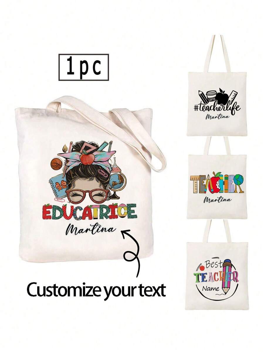 1pc Customized Name Canvas Tote Bag, Can Customize Name Or Text, Large Capacity Canvas Handbag Shoulder Bag, Personalized Tote Bag, Foldable, Large Capacity Or Lightweight, Canvas Shopping Bag, Student Handbag, Fashion Versatile, Teacher's Day Gift, Suitable For Women, Backpack/College Backpack, Travel Accessory, Teacher's Day Gift, Birthday Gift - Multicolor - View 1