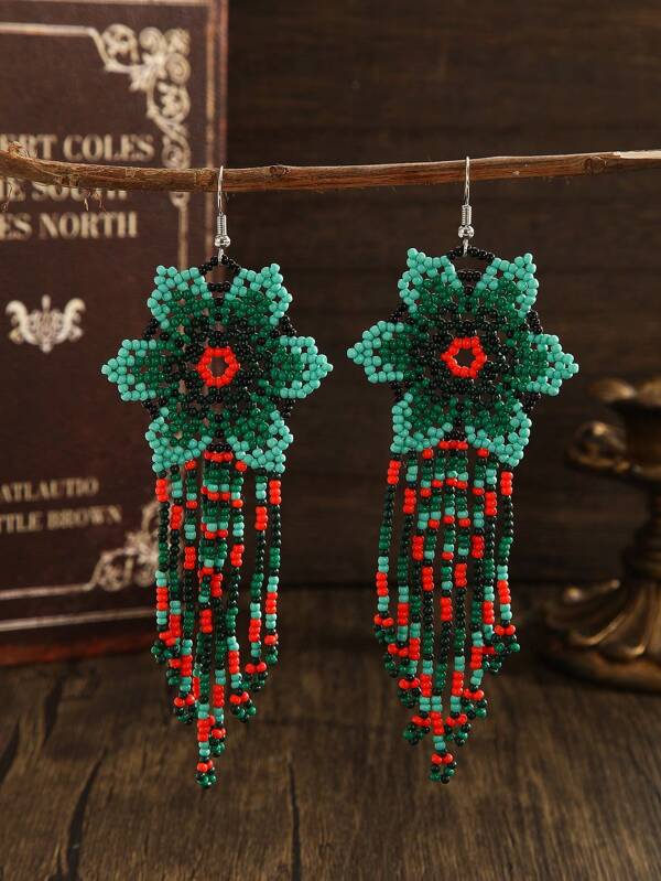 Handmade Beaded Earrings, Bohemian Style Earrings, Vintage Green Hollow Flower With Red Accent Tassel Drop Earrings, Fresh & Cute Tassel Earrings For Women, Fashion Accessories, Ideal Gift For Holidays, Thanksgiving, Mother's Day, Valentine's Day